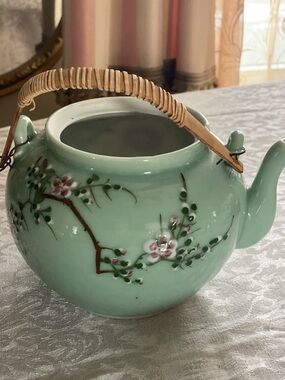 Celadon Green Floral Porcelain Teapot with Bamboo Handle